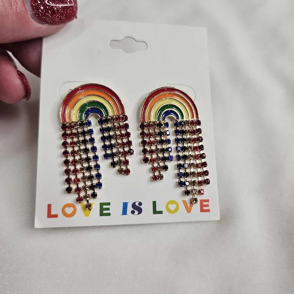 Love Is Love Rainbow Rhinestone Pierced Earrings NWT LBGTQ Pride Fashion Jewelry